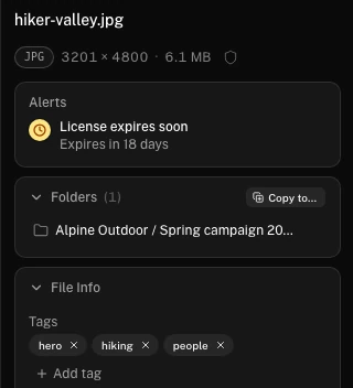 Close-up of the details panel: an alert reads “License expires soon, expires in 18 days”, above the folder and the tags hero, hiking and people.