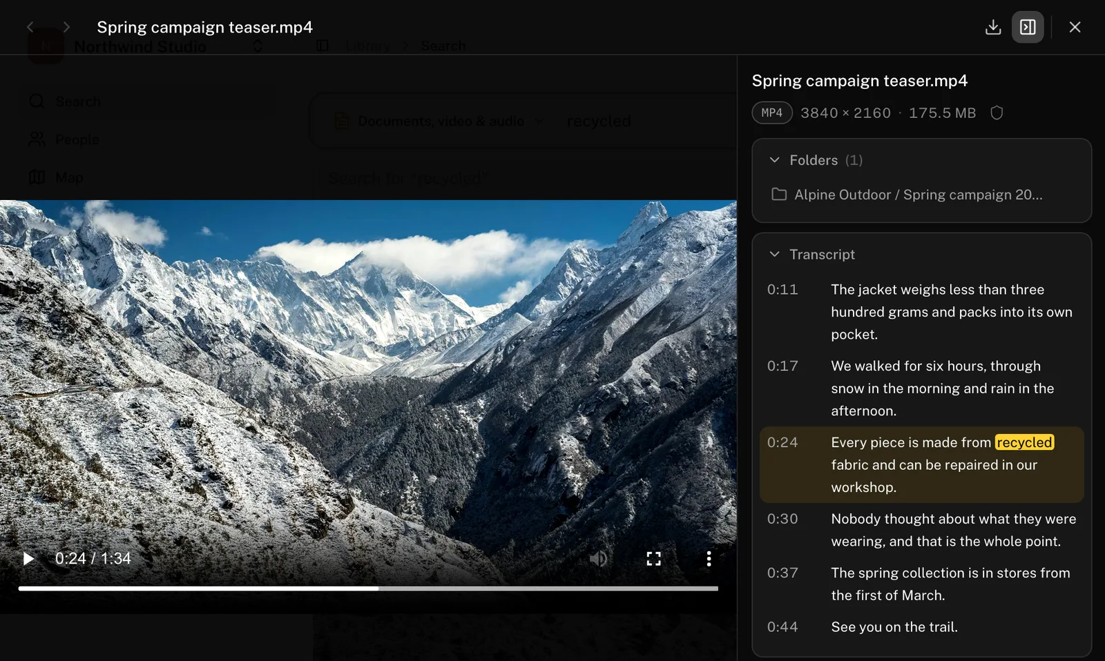 A campaign video opened from a search for “recycled”. The player is paused at 0:24 and, in the transcript beside it, the sentence spoken at that moment is highlighted.